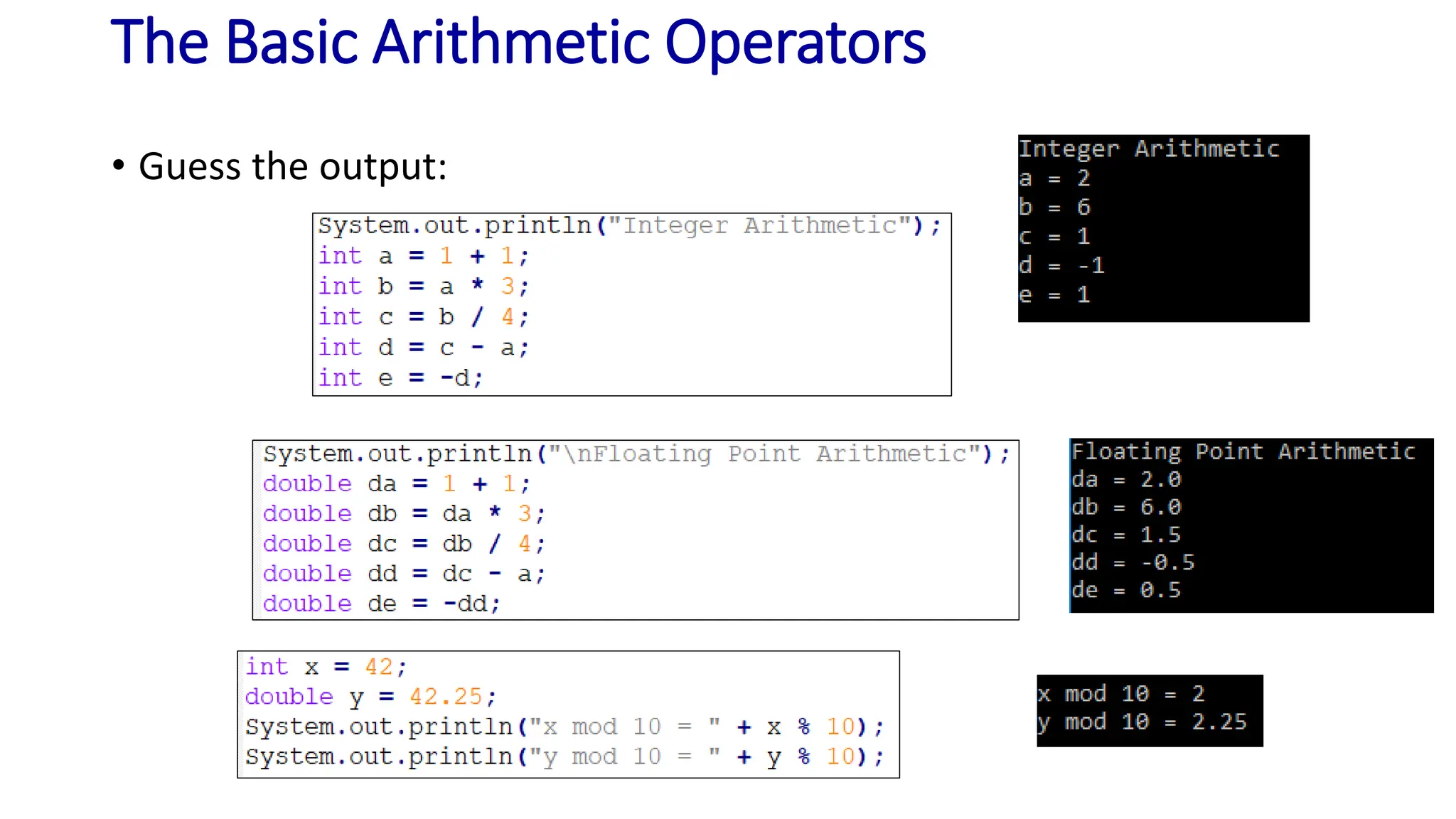 The Basic Arithmetic Operators
• Guess the output:
 