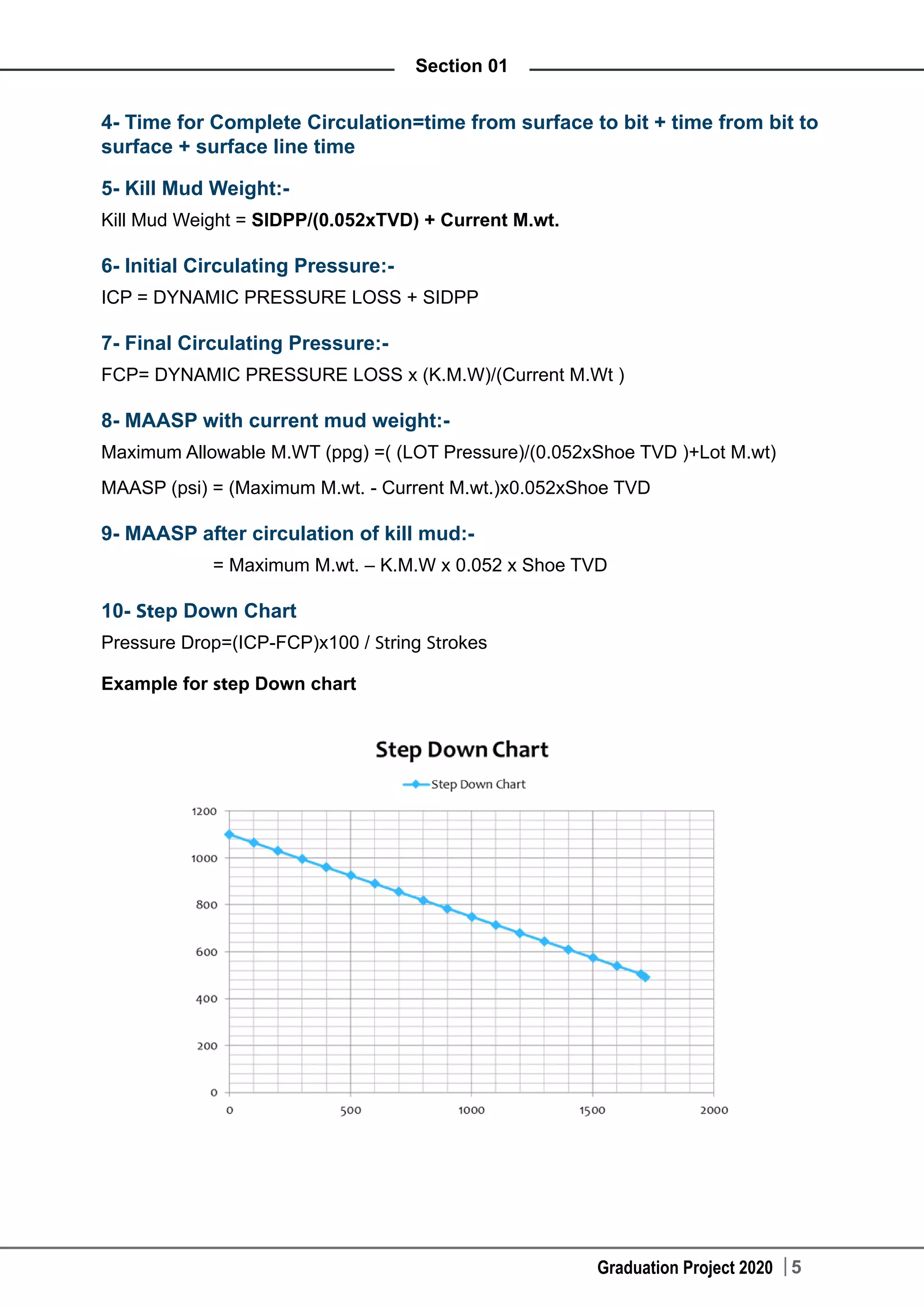 Graduation Project 2020 5
Section 01
4- Time for Complete Circulation=time from surface to bit + time from bit to
surface + surface line time
5- Kill Mud Weight:-
Kill Mud Weight = SIDPP/(0.052xTVD) + Current M.wt.
6- Initial Circulating Pressure:-
ICP = DYNAMIC PRESSURE LOSS + SIDPP
7- Final Circulating Pressure:-
FCP= DYNAMIC PRESSURE LOSS x (K.M.W)/(Current M.Wt )
8- MAASP with current mud weight:-
Maximum Allowable M.WT (ppg) =( (LOT Pressure)/(0.052xShoe TVD )+Lot M.wt)
MAASP (psi) = (Maximum M.wt. - Current M.wt.)x0.052xShoe TVD
9- MAASP after circulation of kill mud:-
	 = Maximum M.wt. – K.M.W x 0.052 x Shoe TVD
10- Step Down Chart
Pressure Drop=(ICP-FCP)x100 / String Strokes
Example for step Down chart
 