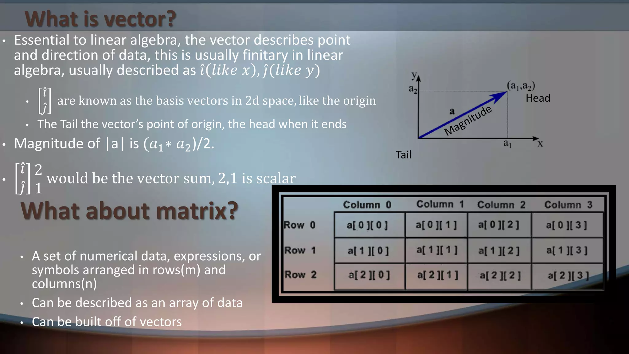 What is vector? • Essential to linear algebra, the vector describes point and direction of data, this is usually finitary in linear algebra, usually described as 𝑖 𝑙𝑖𝑘𝑒 𝑥 , 𝑗(𝑙𝑖𝑘𝑒 𝑦) • 𝑖 𝑗 are known as the basis vectors in 2d space, like the origin • The Tail the vector’s point of origin, the head when it ends • Magnitude of |a| is (𝑎1∗ 𝑎2)/2. • 𝑖 𝑗 2 1 would be the vector sum, 2,1 is scalar Head Tail What about matrix? • A set of numerical data, expressions, or symbols arranged in rows(m) and columns(n) • Can be described as an array of data • Can be built off of vectors 