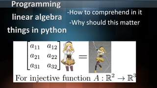 Programming
linear algebra
things in python
-How to comprehend in it
-Why should this matter
 