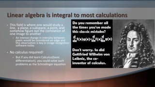 Linear algebra is integral to most calculations
• This field is where one would study a
line, a plane, a subspace, a point...