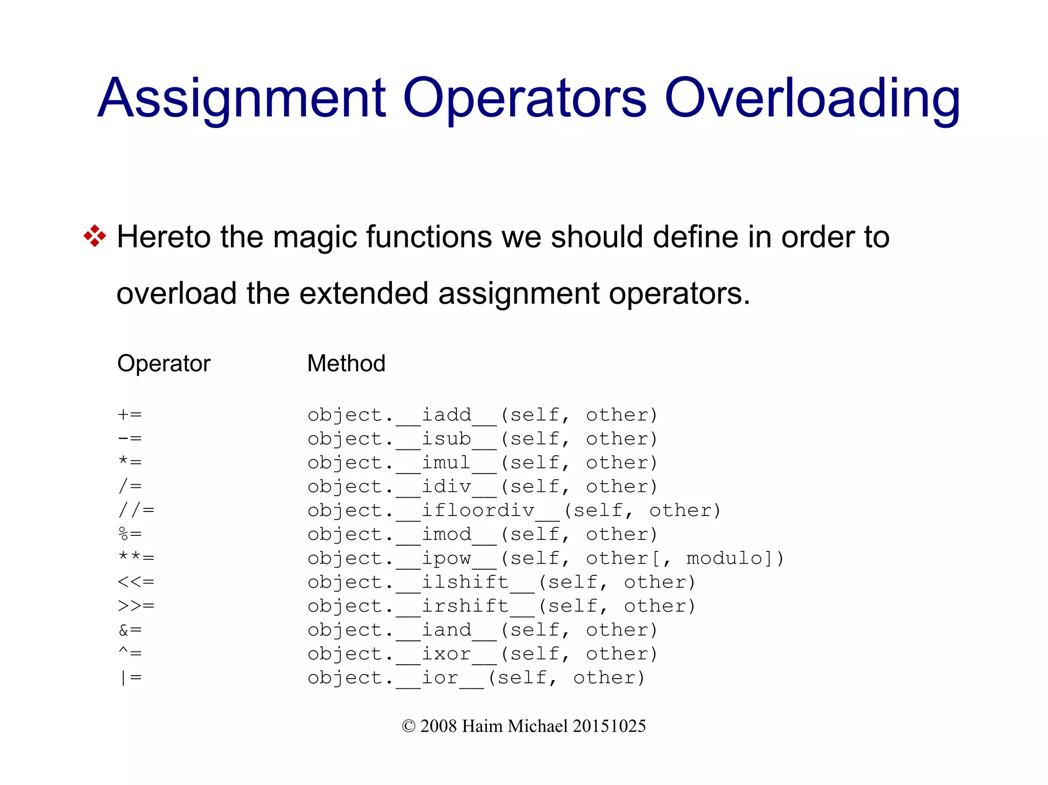 © 2008 Haim Michael 20151025 Assignment Operators Overloading  Hereto the magic functions we should define in order to overload the extended assignment operators. Operator Method += object.__iadd__(self, other) -= object.__isub__(self, other) *= object.__imul__(self, other) /= object.__idiv__(self, other) //= object.__ifloordiv__(self, other) %= object.__imod__(self, other) **= object.__ipow__(self, other[, modulo]) <<= object.__ilshift__(self, other) >>= object.__irshift__(self, other) &= object.__iand__(self, other) ^= object.__ixor__(self, other) |= object.__ior__(self, other) 