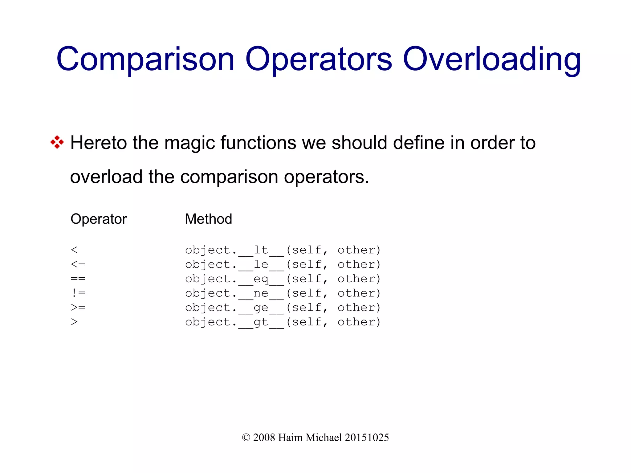© 2008 Haim Michael 20151025 Comparison Operators Overloading  Hereto the magic functions we should define in order to overload the comparison operators. Operator Method < object.__lt__(self, other) <= object.__le__(self, other) == object.__eq__(self, other) != object.__ne__(self, other) >= object.__ge__(self, other) > object.__gt__(self, other) 