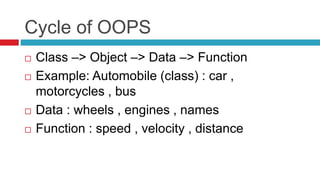 Cycle of OOPS
 Class –> Object –> Data –> Function
 Example: Automobile (class) : car ,
motorcycles , bus
 Data : wheels , engines , names
 Function : speed , velocity , distance
 