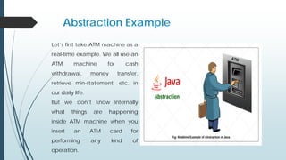Abstraction Example
Let’s first take ATM machine as a
real-time example. We all use an
ATM machine for cash
withdrawal, money transfer,
retrieve min-statement, etc. in
our daily life.
But we don’t know internally
what things are happening
inside ATM machine when you
insert an ATM card for
performing any kind of
operation.
 