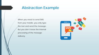 Abstraction Example
When you need to send SMS
from your mobile, you only type
the text and send the message.
But you don’t know the internal
processing of the message
delivery.
 