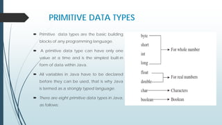 PRIMITIVE DATA TYPES
 Primitive data types are the basic building
blocks of any programming language.
 A primitive data type can have only one
value at a time and is the simplest built-in
form of data within Java.
 All variables in Java have to be declared
before they can be used, that is why Java
is termed as a strongly typed language.
 There are eight primitive data types in Java,
as follows:
 