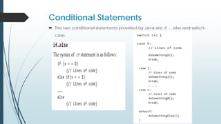 Conditional Statements
 The two conditional statements provided by Java are: if … else and switch-
case.
 