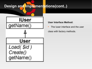 Design and implementations(cont..) User Interface Method: The Iuser interface and the user  class with factory methods. 