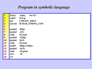 Entry main, ^m<r2>
subl2 #12,sp
jsb C$MAIN_ARGS
movab $CHAR_STRING_CON
pushal -8(fp)
pushal (r2)
calls #2,read
pushal -12(fp)
pushal 3(r2)
calls #2,read
mull3 -8(fp),-12(fp),-
pushal 6(r2)
calls #2,print
clrl r0
ret
Program in symbolic language
1
2
3
4
5
6
7
8
9
10
11
12
13
14
15
16
 