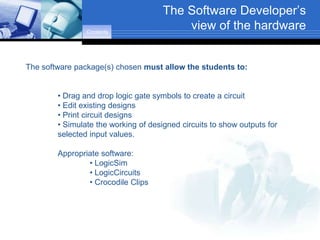 The Software Developer’s
                Contents
                                          view of the hardware


The software package(s) chosen must allow the students to:


        • Drag and drop logic gate symbols to create a circuit
        • Edit existing designs
        • Print circuit designs
        • Simulate the working of designed circuits to show outputs for
        selected input values.

        Appropriate software:
                • LogicSim
                • LogicCircuits
                • Crocodile Clips
 