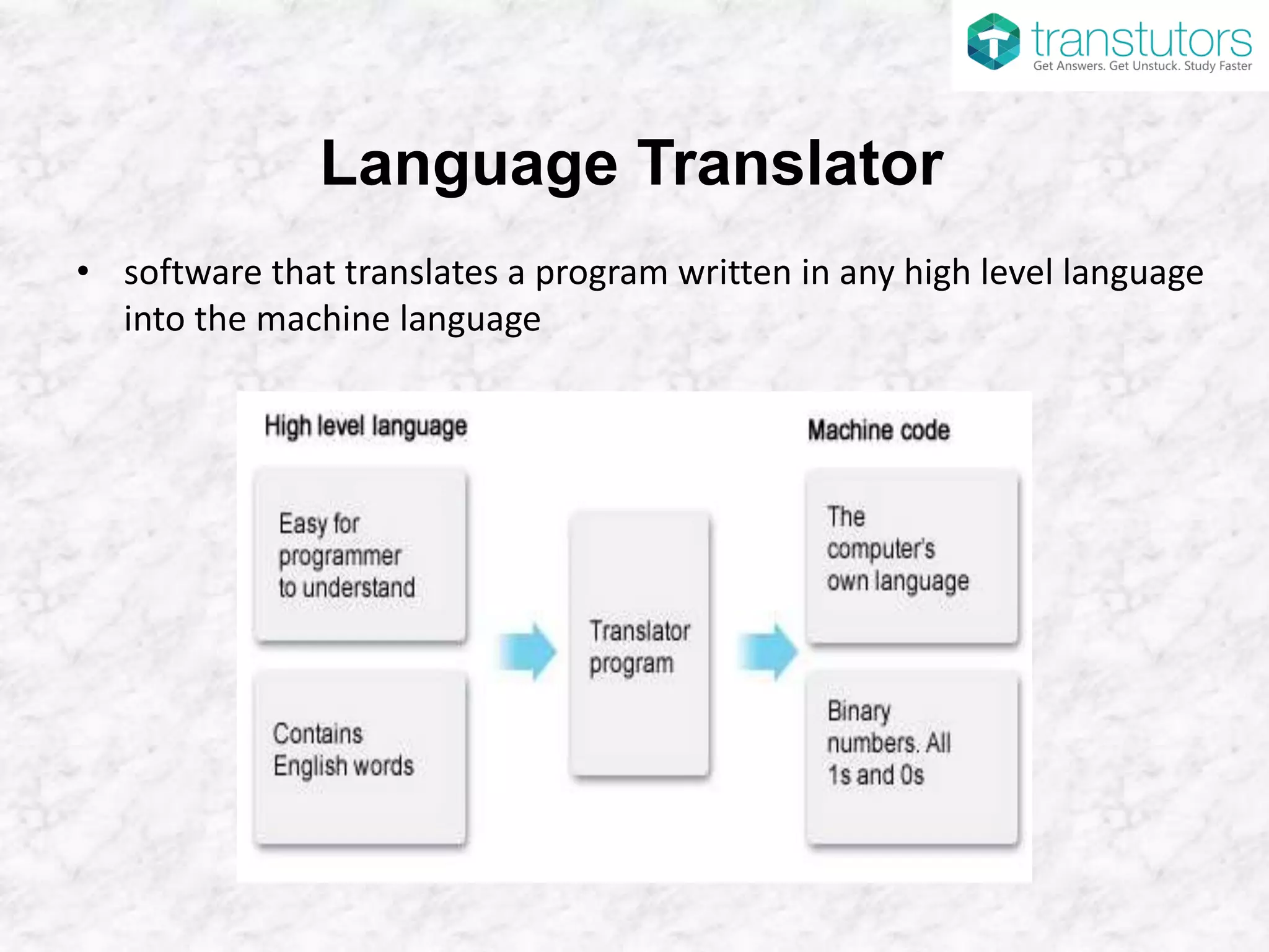 Language Translator
• software that translates a program written in any high level language
into the machine language