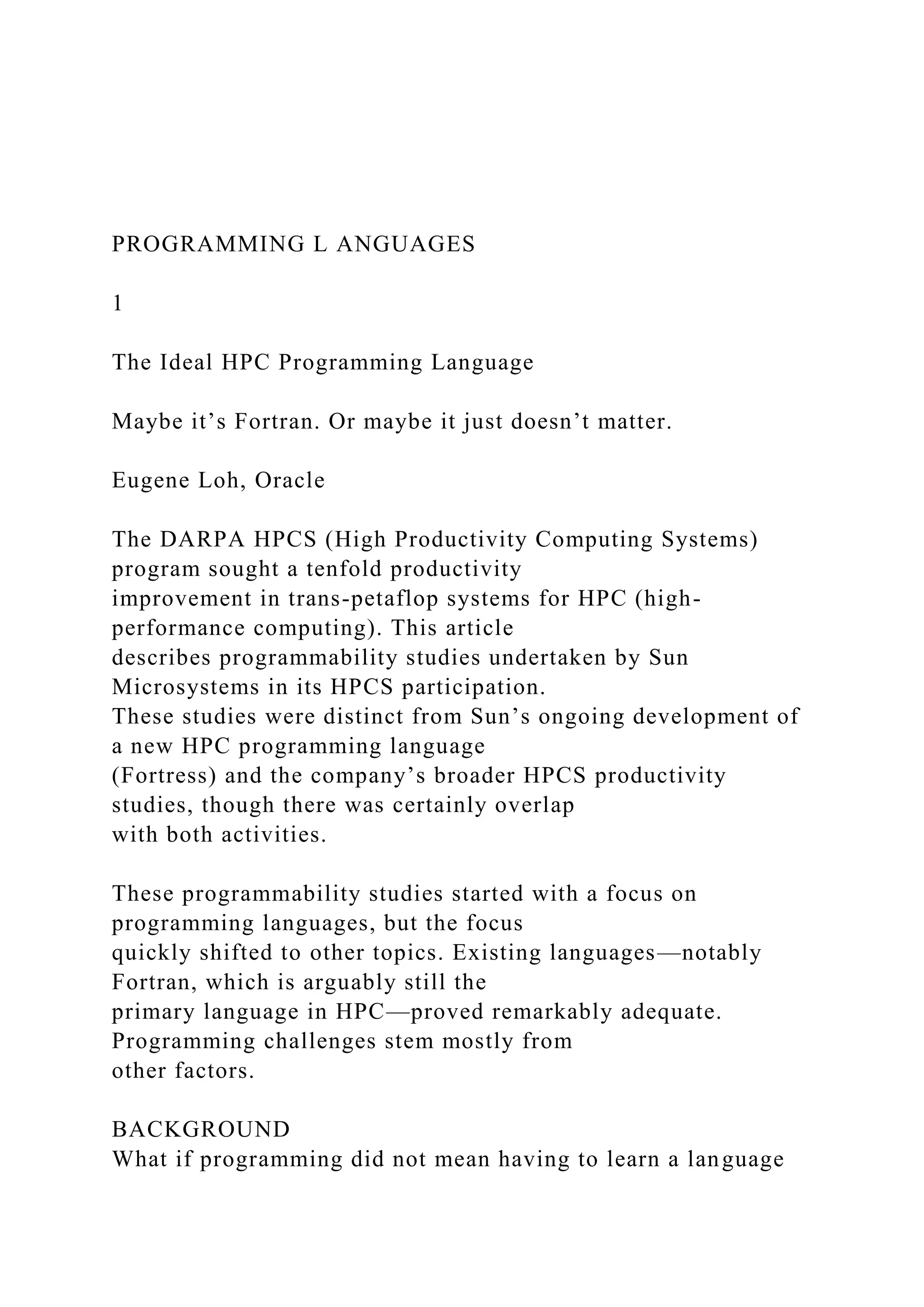 PROGRAMMING L ANGUAGES1The Ideal HPC Programming Langu.docx