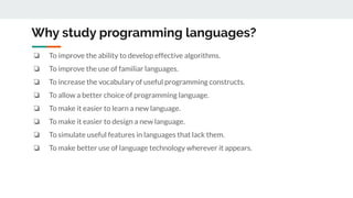 Programming Language Choices Programming languages and concepts by vivek parihar | PDF