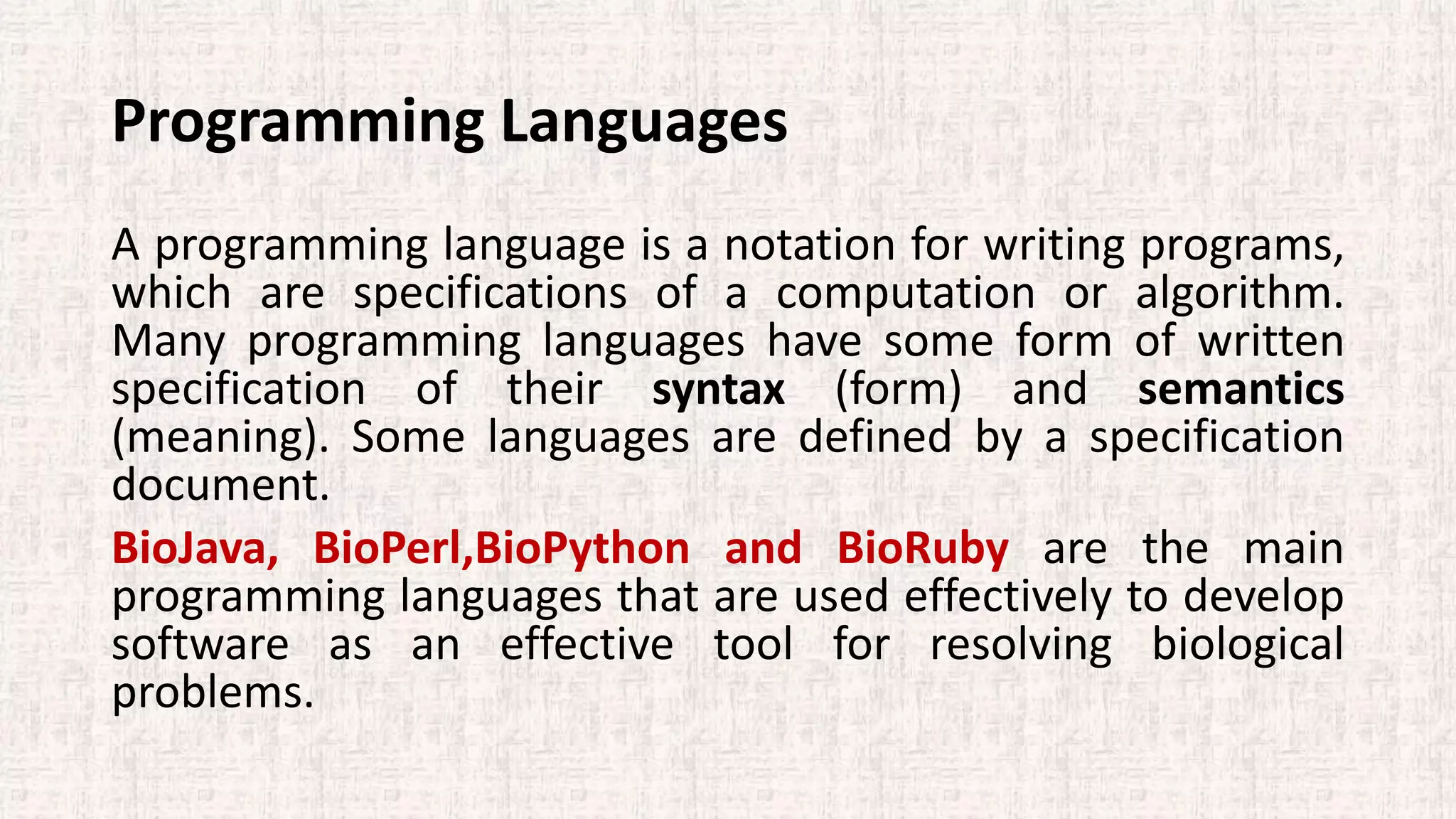 Programming languages in bioinformatics by dr. jayarama reddy | PDF