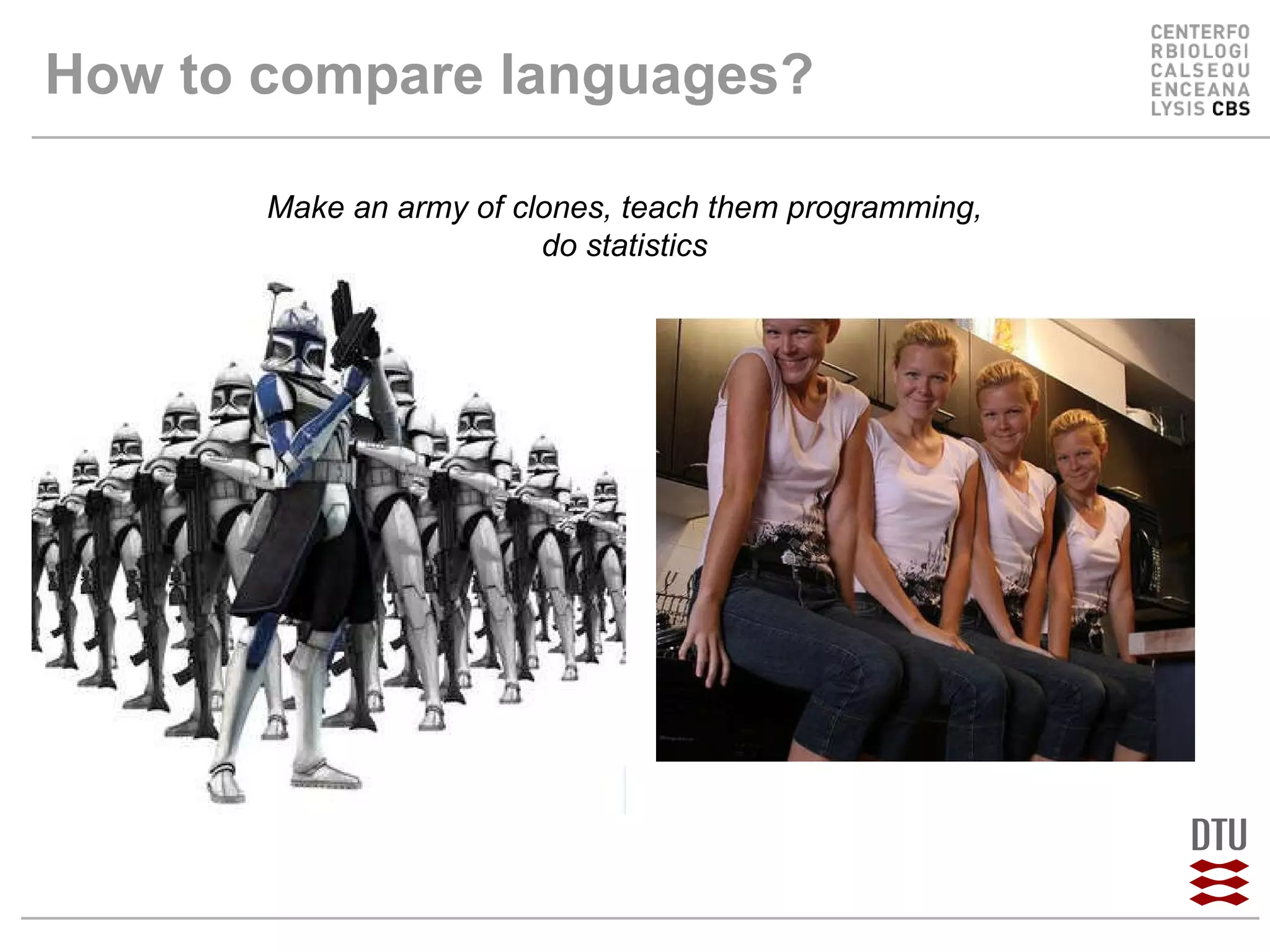 How to compare languages? Make an army of clones, teach them programming, do statistics 