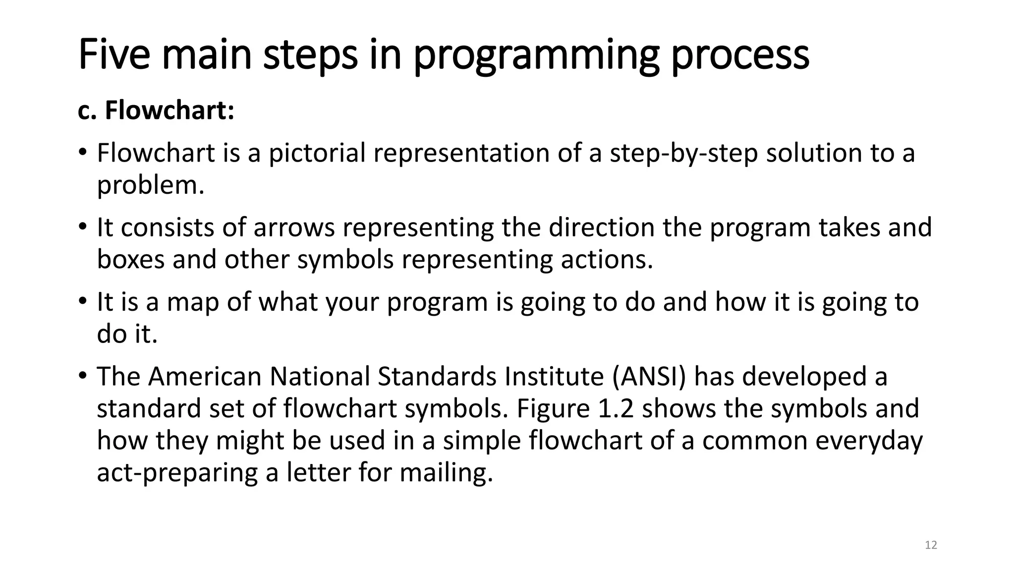 Five main steps in programming process
c. Flowchart:
• Flowchart is a pictorial representation of a step-by-step solution to a
problem.
• It consists of arrows representing the direction the program takes and
boxes and other symbols representing actions.
• It is a map of what your program is going to do and how it is going to
do it.
• The American National Standards Institute (ANSI) has developed a
standard set of flowchart symbols. Figure 1.2 shows the symbols and
how they might be used in a simple flowchart of a common everyday
act-preparing a letter for mailing.
12
 