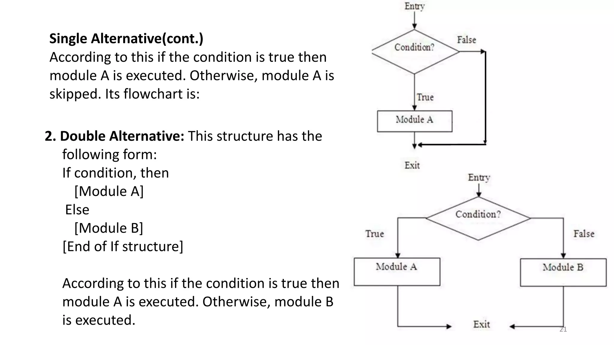 According to this if the condition is true then
module A is executed. Otherwise, module A is
skipped. Its flowchart is:
2. Double Alternative: This structure has the
following form:
If condition, then
[Module A]
Else
[Module B]
[End of If structure]
According to this if the condition is true then
module A is executed. Otherwise, module B
is executed. 21
Single Alternative(cont.)
 