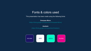 Fonts & colors used
This presentation has been made using the following fonts:
Overpass Mono
(https://fonts.google.com/specimen/Overpass+Mono)
Anaheim
(https://fonts.google.com/specimen/Anaheim)
#ffffff #00ffc5 #ec008c
#1b1464
 