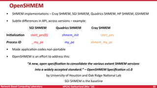HPCAC-Switzerland	(Mar	‘16)	 20	Network	Based	CompuNng	Laboratory	
OpenSHMEM	
•  SHMEM	implementaRons	–	Cray	SHMEM,	SGI	SHMEM,	Quadrics	SHMEM,	HP	SHMEM,	GSHMEM	
•  Subtle	diﬀerences	in	API,	across	versions	–	example:		
																													SGI	SHMEM												Quadrics	SHMEM													Cray	SHMEM		
IniNalizaNon								start_pes(0)																		shmem_init 	 	start_pes				
Process	ID														_my_pe																											my_pe																					shmem_my_pe	
•  Made	applicaRon	codes	non-portable		
•  OpenSHMEM	is	an	eﬀort	to	address	this:		
“A	new,	open	speciﬁca>on	to	consolidate	the	various	extant	SHMEM	versions		
into	a	widely	accepted	standard.”	–	OpenSHMEM	Speciﬁca>on	v1.0	
by	University	of	Houston	and	Oak	Ridge	NaRonal	Lab	
SGI	SHMEM	is	the	baseline	
 