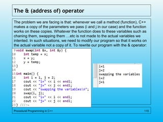 The & (address of) operator
The problem we are facing is that: whenever we call a method (function), C++
makes a copy of the parameters we pass (i and j in our case) and the function
works on these copies. Whatever the function does to these variables such as
chaning them, swapping them …etc is not made to the actual variables we
intented. In such situations, we need to modify our program so that it works on
the actual variable not a copy of it. To rewrite our program with the & operator:
Procedural Programming in C++ 115
 