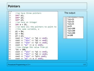 Pointers
The output:
Procedural Programming in C++ 117
 