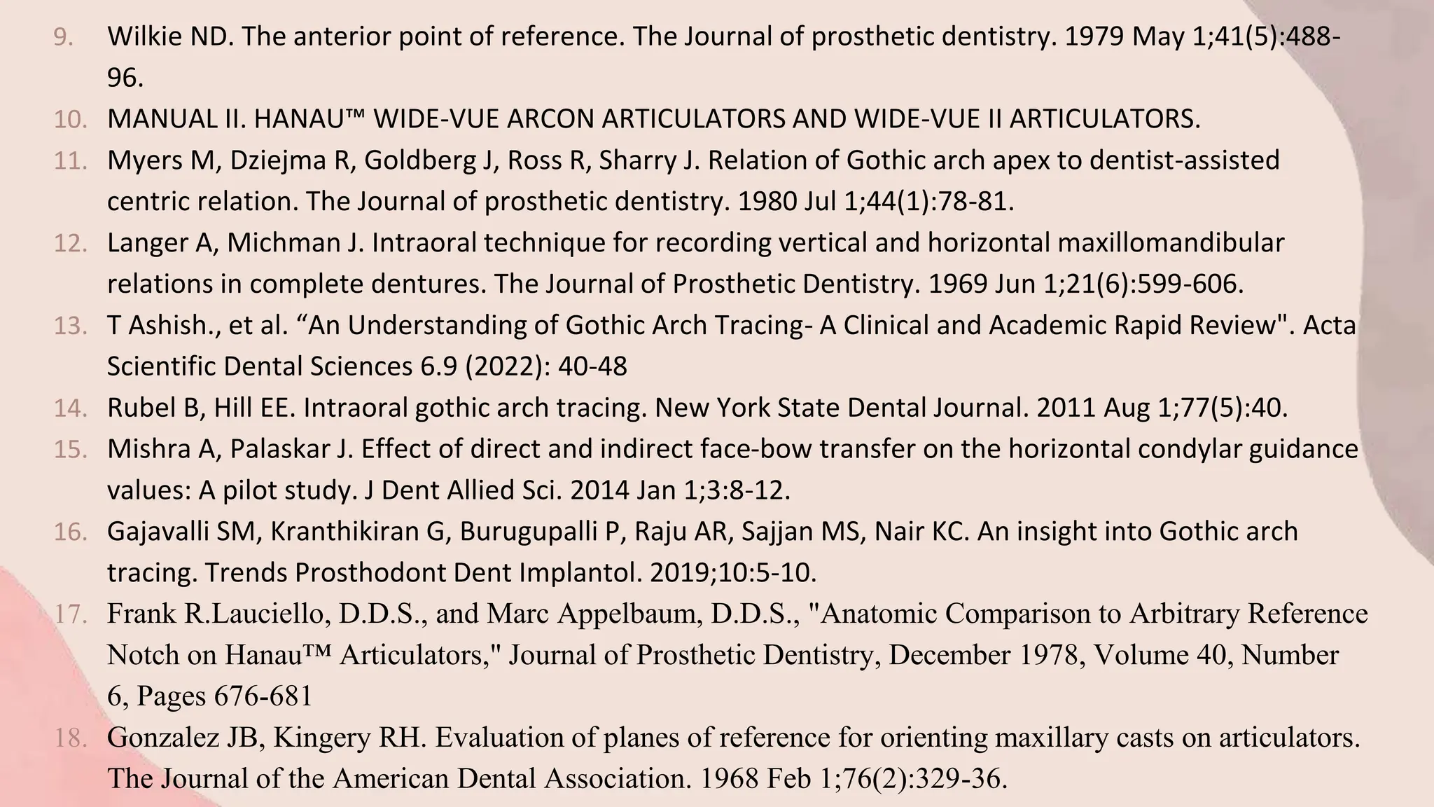 9. Wilkie ND. The anterior point of reference. The Journal of prosthetic dentistry. 1979 May 1;41(5):488-
96.
10. MANUAL II. HANAU™ WIDE-VUE ARCON ARTICULATORS AND WIDE-VUE II ARTICULATORS.
11. Myers M, Dziejma R, Goldberg J, Ross R, Sharry J. Relation of Gothic arch apex to dentist-assisted
centric relation. The Journal of prosthetic dentistry. 1980 Jul 1;44(1):78-81.
12. Langer A, Michman J. Intraoral technique for recording vertical and horizontal maxillomandibular
relations in complete dentures. The Journal of Prosthetic Dentistry. 1969 Jun 1;21(6):599-606.
13. T Ashish., et al. “An Understanding of Gothic Arch Tracing- A Clinical and Academic Rapid Review". Acta
Scientific Dental Sciences 6.9 (2022): 40-48
14. Rubel B, Hill EE. Intraoral gothic arch tracing. New York State Dental Journal. 2011 Aug 1;77(5):40.
15. Mishra A, Palaskar J. Effect of direct and indirect face-bow transfer on the horizontal condylar guidance
values: A pilot study. J Dent Allied Sci. 2014 Jan 1;3:8-12.
16. Gajavalli SM, Kranthikiran G, Burugupalli P, Raju AR, Sajjan MS, Nair KC. An insight into Gothic arch
tracing. Trends Prosthodont Dent Implantol. 2019;10:5-10.
17. Frank R.Lauciello, D.D.S., and Marc Appelbaum, D.D.S., "Anatomic Comparison to Arbitrary Reference
Notch on Hanau™ Articulators," Journal of Prosthetic Dentistry, December 1978, Volume 40, Number
6, Pages 676-681
18. Gonzalez JB, Kingery RH. Evaluation of planes of reference for orienting maxillary casts on articulators.
The Journal of the American Dental Association. 1968 Feb 1;76(2):329-36.
 