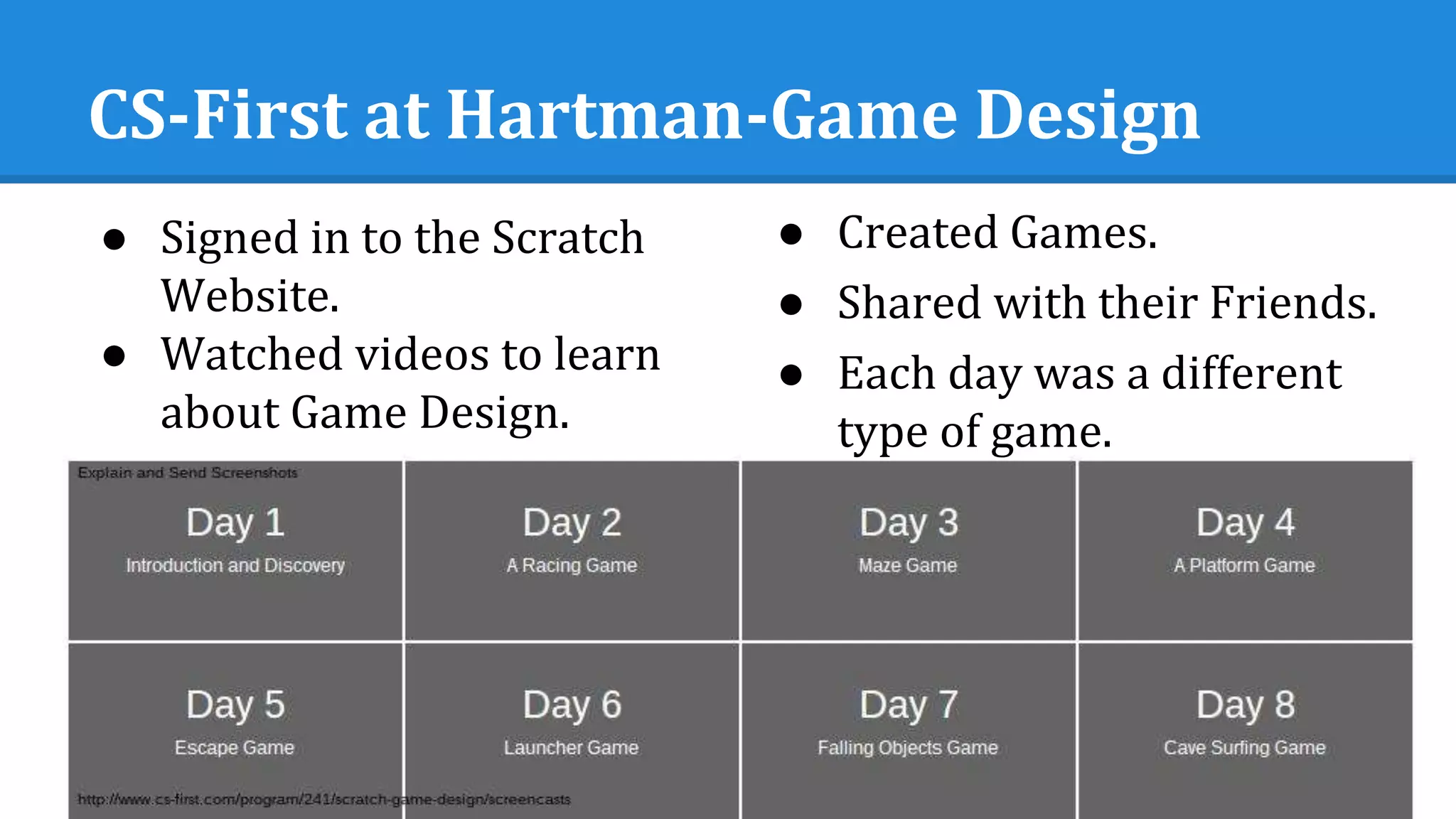 CS-First at Hartman-Game Design
● Signed in to the Scratch
Website.
● Watched videos to learn
about Game Design.
● Created Games.
● Shared with their Friends.
● Each day was a different
type of game.
 