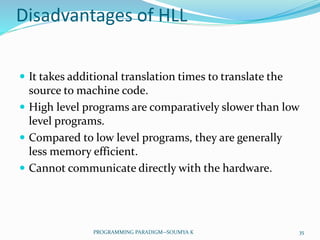 Disadvantages of HLL
 It takes additional translation times to translate the
source to machine code.
 High level programs are comparatively slower than low
level programs.
 Compared to low level programs, they are generally
less memory efficient.
 Cannot communicate directly with the hardware.
35PROGRAMMING PARADIGM--SOUMYA K
 