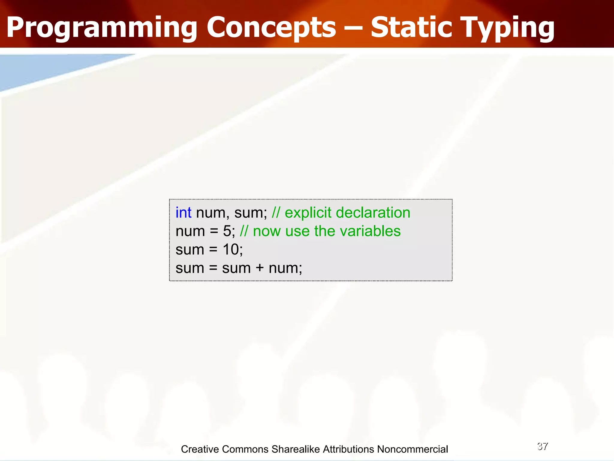 Creative Commons Sharealike Attributions Noncommercial Programming Concepts – Static Typing int  num, sum;  // explicit declaration num = 5;  // now use the variables sum = 10; sum = sum + num; 