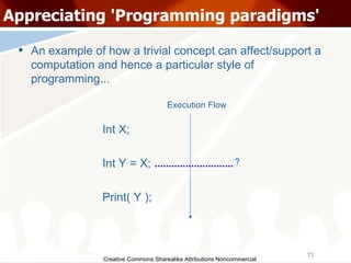 Creative Commons Sharealike Attributions Noncommercial Appreciating 'Programming paradigms' An example of how a trivial concept can affect/support a computation and hence a particular style of programming... Int X; Int Y = X; Print( Y ); Execution Flow ? 