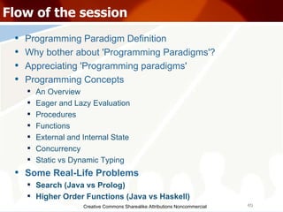 Creative Commons Sharealike Attributions Noncommercial Flow of the session Programming Paradigm Definition Why bother about 'Programming Paradigms'? Appreciating 'Programming paradigms' Programming Concepts An Overview Eager and Lazy Evaluation Procedures Functions External and Internal State Concurrency Static vs Dynamic Typing Some Real-Life Problems Search (Java vs Prolog)‏ Higher Order Functions (Java vs Haskell)‏ 