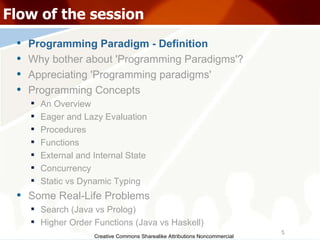 Creative Commons Sharealike Attributions Noncommercial Flow of the session Programming Paradigm - Definition Why bother about 'Programming Paradigms'? Appreciating 'Programming paradigms' Programming Concepts An Overview Eager and Lazy Evaluation Procedures Functions External and Internal State Concurrency Static vs Dynamic Typing Some Real-Life Problems Search (Java vs Prolog)‏ Higher Order Functions (Java vs Haskell)‏ 