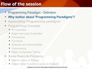 Creative Commons Sharealike Attributions Noncommercial Flow of the session Programming Paradigm - Definition Why bother about 'Programming Paradigms'? Appreciating 'Programming paradigms' Programming Concepts An Overview Eager and Lazy Evaluation Procedures Functions External and Internal State Concurrency Static vs Dynamic Typing Some Real-Life Problems Search (Java vs Prolog)‏ Higher Order Functions (Java vs Haskell)‏ 