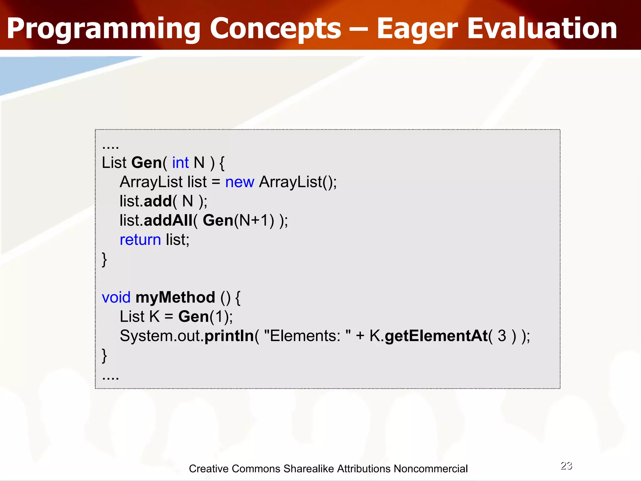 Creative Commons Sharealike Attributions Noncommercial Programming Concepts – Eager Evaluation .... List  Gen (  int   N ) { ArrayList list =  new  ArrayList(); list. add ( N ); list. addAll (  Gen (N+1) ); return  list; } void   myMethod  () { List K =  Gen (1); System.out. println ( &quot;Elements: &quot; + K. getElementAt ( 3 ) ); } .... 