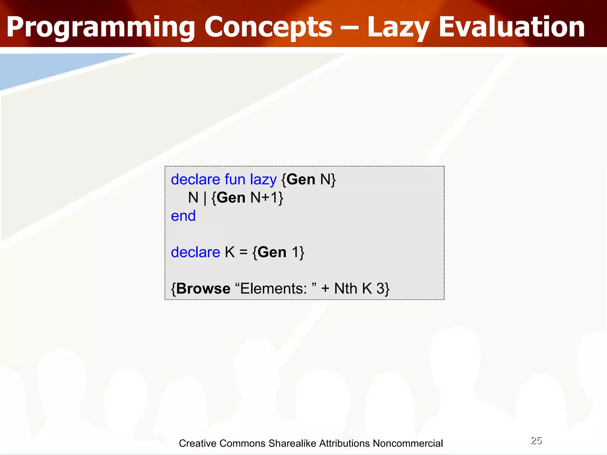 Creative Commons Sharealike Attributions Noncommercial Programming Concepts – Lazy Evaluation declare fun lazy  { Gen  N}  N | { Gen  N+1} end declare  K = { Gen  1} { Browse  “Elements: ” + Nth K 3}  