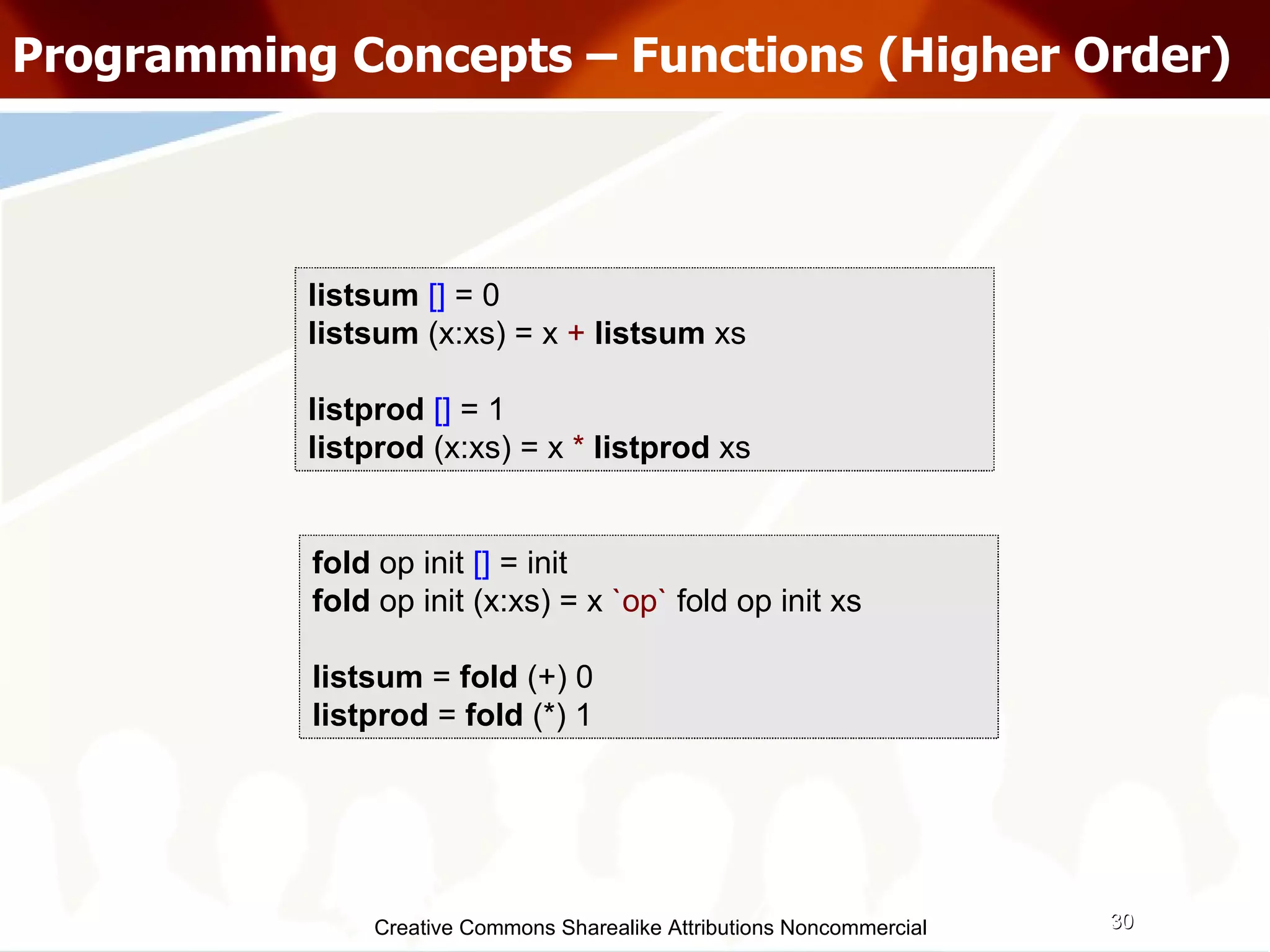 Creative Commons Sharealike Attributions Noncommercial Programming Concepts – Functions (Higher Order)‏ listsum   []  = 0 listsum  (x:xs) = x  +   listsum  xs listprod   []   = 1 listprod  (x:xs) = x  *   listprod  xs fold  op init  []  = init fold  op init (x:xs) = x  `op`   fold op init xs listsum  =  fold  (+) 0 listprod  =  fold  (*) 1 