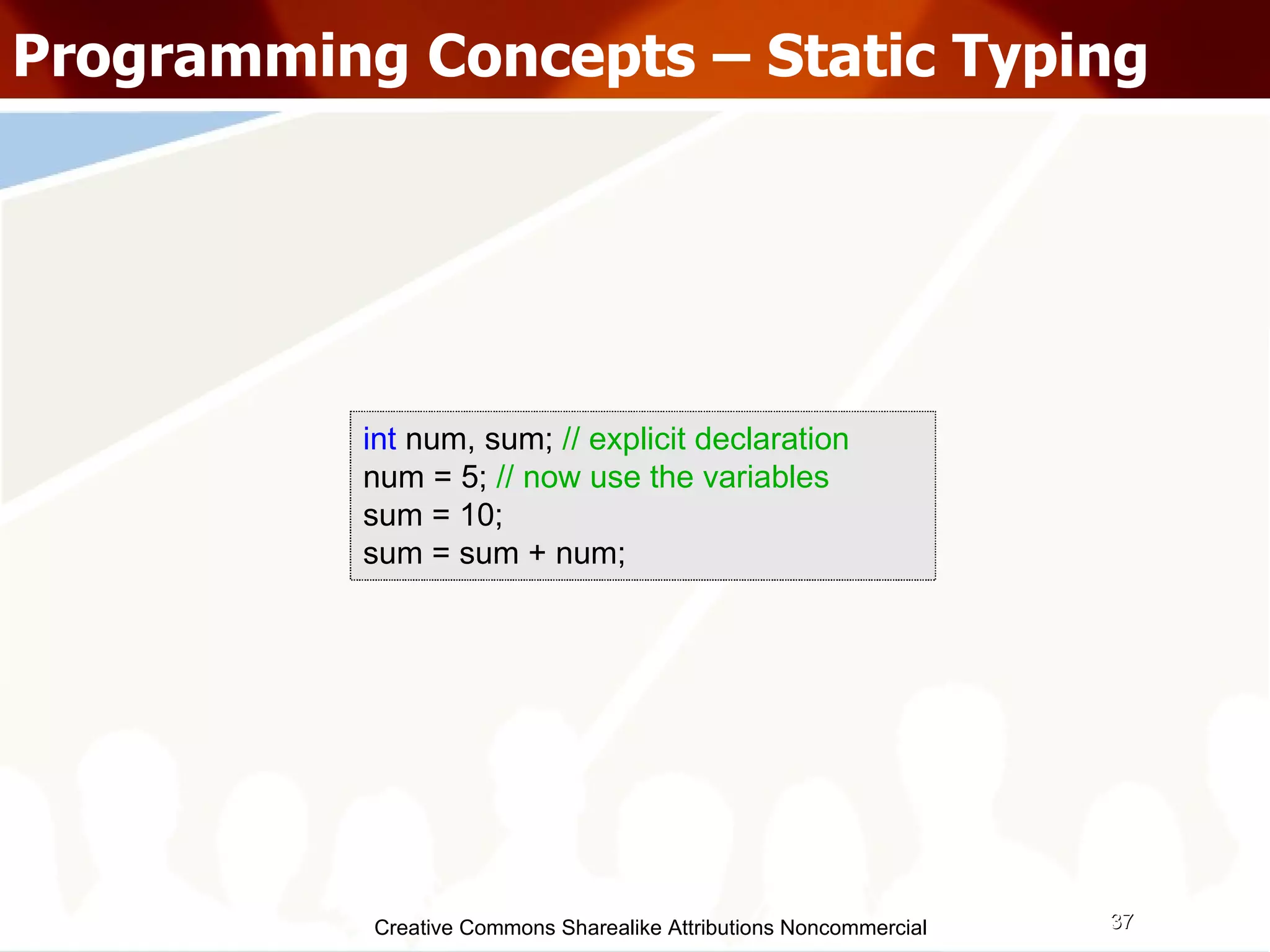 Creative Commons Sharealike Attributions Noncommercial Programming Concepts – Static Typing int  num, sum;  // explicit declaration num = 5;  // now use the variables sum = 10; sum = sum + num; 