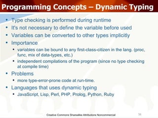 Creative Commons Sharealike Attributions Noncommercial Programming Concepts – Dynamic Typing Type checking is performed during runtime It's not necessary to define the variable before used Variables can be converted to other types implicitly Importance variables can be bound to any first-class-citizen in the lang. (proc, func, mix of data-types, etc.)‏ independent compilations of the program (since no type checking at compile time)‏ Problems more type-error-prone code at run-time. Languages that uses dynamic typing JavaScript, Lisp, Perl, PHP, Prolog, Python, Ruby 