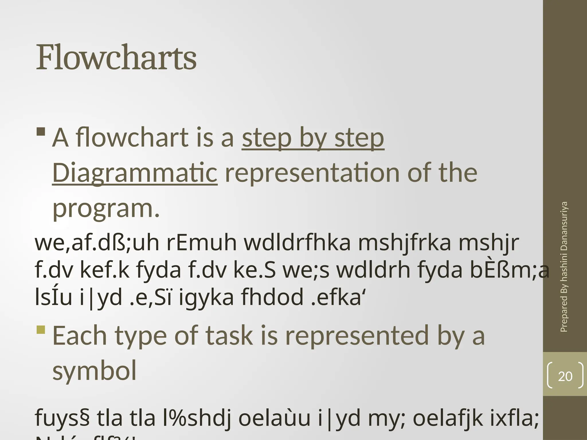 Prepared
By
hashini
Danansuriya
Flowcharts
20
 A flowchart is a step by step
Diagrammatic representation of the
program.
we,af.dß;uh rEmuh wdldrfhka mshjfrka mshjr
f.dv kef.k fyda f.dv ke.S we;s wdldrh fyda bÈßm;a
lsÍu i|yd .e,Sï igyka fhdod .efka‘
 Each type of task is represented by a
symbol
fuys§ tla tla l%shdj oelaùu i|yd my; oelafjk ixfla;
 