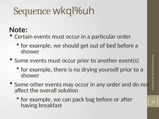Prepared
By
hashini
Danansuriya
Sequence wkql%uh
13
 Certain events must occur in a particular order
 for example, we should get out of bed before a
shower
 Some events must occur prior to another event(s)
 for example, there is no drying yourself prior to a
shower
 Some other events may occur in any order and do not
affect the overall solution
 for example, we can pack bag before or after
having breakfast
Note:
 