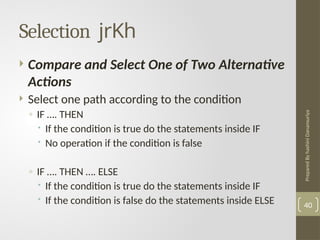 Prepared
By
hashini
Danansuriya
Selection jrKh
40
 Compare and Select One of Two Alternative
Actions
 Select one path according to the condition
◦ IF …. THEN
 If the condition is true do the statements inside IF
 No operation if the condition is false
◦ IF …. THEN …. ELSE
 If the condition is true do the statements inside IF
 If the condition is false do the statements inside ELSE
 