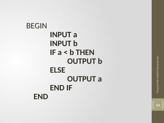 Prepared
By
hashini
Danansuriya
44
BEGIN
INPUT a
INPUT b
IF a < b THEN
OUTPUT b
ELSE
OUTPUT a
END IF
END
 
