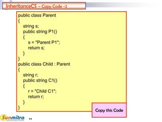 InheritanceCS – Copy Code -2
public class Parent
{
string s;
public string P1()
{
s = "Parent P1";
return s;
}
}
public class Child : Parent
{
string r;
public string C1()
{
r = "Child C1";
return r;
}
}
Copy this Code
11
 