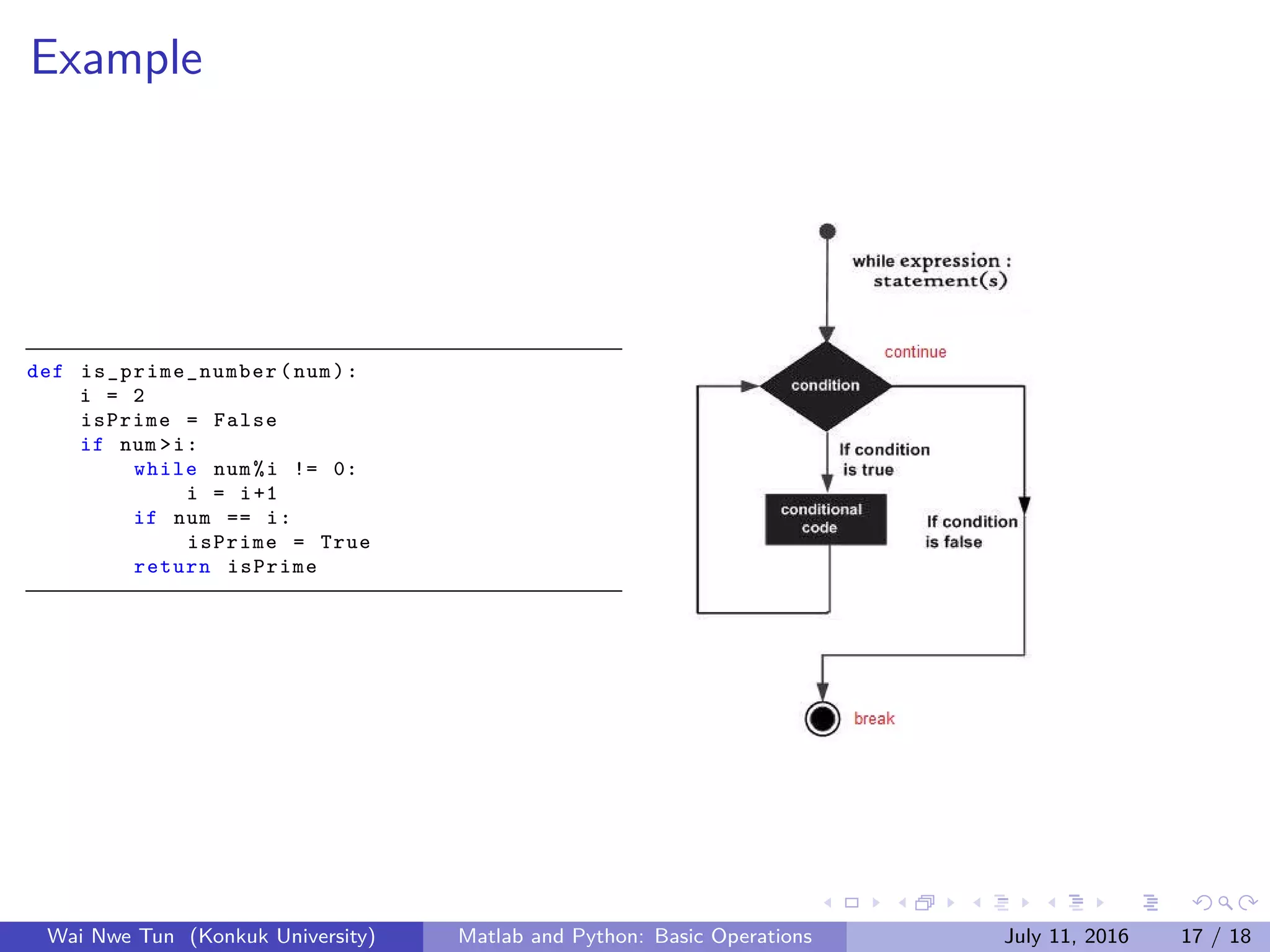 Example
def is_prime_number (num):
i = 2
isPrime = False
if num >i:
while num%i != 0:
i = i+1
if num == i:
isPrime = True
return isPrime
Wai Nwe Tun (Konkuk University) Matlab and Python: Basic Operations July 11, 2016 17 / 18
 