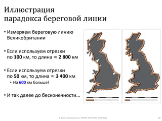 Иллюстрация
парадокса береговой линии
• Измеряем береговую линию
Великобритании
• Если используем отрезки
по 100 км, то длина ≈ 2 800 км
• Если используем отрезки
по 50 км, то длина ≈ 3 400 км
• На 600 км больше!
• И так далее до бесконечности...
© 2018, Незнанов А.А., МНУЛ ИССА ФКН НИУ ВШЭ 10
 