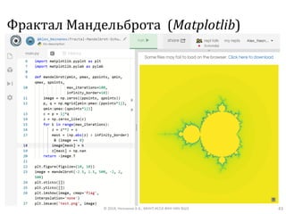 Фрактал Мандельброта (Matplotlib)
© 2018, Незнанов А.А., МНУЛ ИССА ФКН НИУ ВШЭ 43
 
