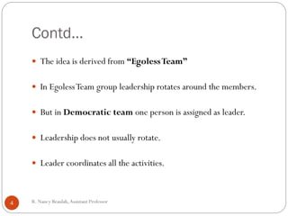 R
.N
a
Contd…
 The idea is derived from “EgolessTeam”
 In EgolessTeam group leadership rotates around the members.
 But in Democratic team one person is assigned as leader.
 Leadership does not usually rotate.
 Leader coordinates all the activities.
4 R. Nancy Beaulah,Assistant Professor
 