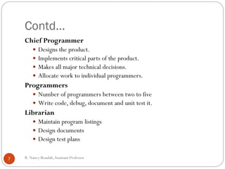 R
.N
a
Contd…
Chief Programmer
 Designs the product.
 Implements critical parts of the product.
 Makes all major technical decisions.
 Allocate work to individual programmers.
Programmers
 Number of programmers between two to five
 Write code, debug, document and unit test it.
Librarian
 Maintain program listings
 Design documents
 Design test plans
7 R. Nancy Beaulah,Assistant Professor
 