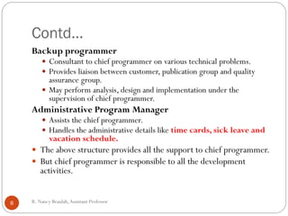 R
.N
a
Contd…
Backup programmer
 Consultant to chief programmer on various technical problems.
 Provides liaison between customer, publication group and quality
assurance group.
 May perform analysis, design and implementation under the
supervision of chief programmer.
Administrative Program Manager
 Assists the chief programmer.
 Handles the administrative details like time cards, sick leave and
vacation schedule.
 The above structure provides all the support to chief programmer.
 But chief programmer is responsible to all the development
activities.
8 R. Nancy Beaulah,Assistant Professor
 